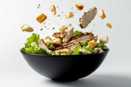 Ultra-detailed Caesar salad ingredients including lettuce, grilled chicken, croutons, and parmesan, tossed in mid-air with creamy dressing.の素材
