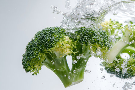 Fresh green broccoli floret dropped into water, surrounded by splashes and bubbles, captured in ultra-detailed food photography.の素材
