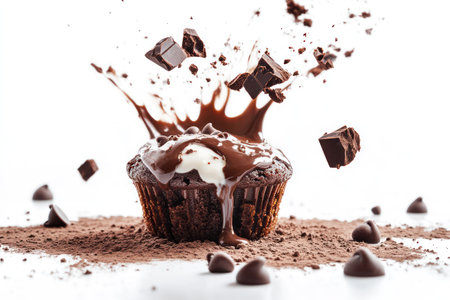 Rich chocolate muffin dripping with melted chocolate, surrounded by chips, powder, and milk splashes in mid-air on white background.の素材