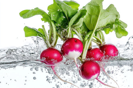Vibrant red radishes with leafy green tops plunge into water, creating dynamic splashes against a bright white background in high-speed capture.の素材