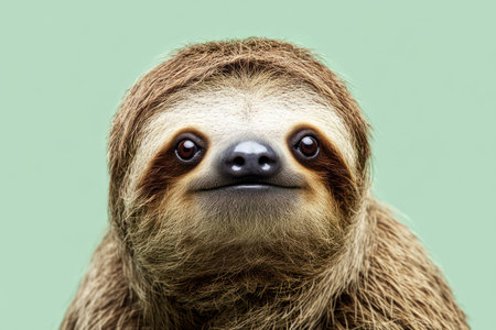 Realistic close-up of a sloth with soft fur and open mouth, eyes wide in a slow-motion expression of surprise.の素材