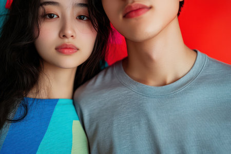 Close-up of a young Asian couple wearing casual t-shirts, smiling together in a studio with a vibrant, colorful background.の素材
