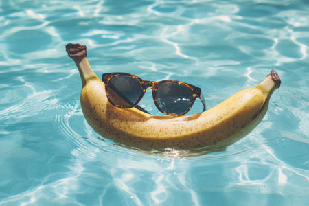 Cool banana with aviator sunglasses floating on water, whimsical and sunny vibe with tropical vacation mood.の素材