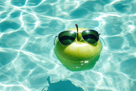 A green apple wearing aviator sunglasses floats in clear blue pool water, blending freshness with quirky summer style.の素材