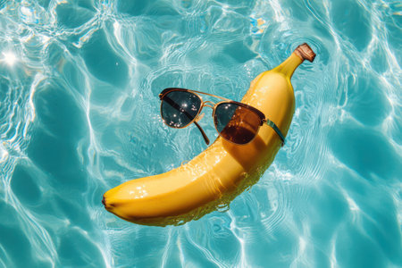 Cool banana with aviator sunglasses floating on water, whimsical and sunny vibe with tropical vacation mood.の素材