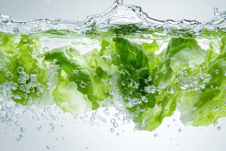 Fresh green lettuce leaves slowly descending into water with bubbles and splashes, highlighting their delicacy and freshness.の素材
