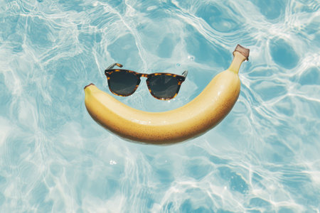 Cool banana with aviator sunglasses floating on water, whimsical and sunny vibe with tropical vacation mood.の素材