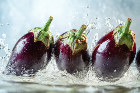 Rich purple eggplants plunge into clear water with bold splashes, emphasizing freshness and vivid texture against white.の素材