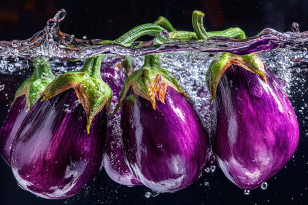 Rich purple eggplants plunge into clear water with bold splashes, emphasizing freshness and vivid texture against white.の素材