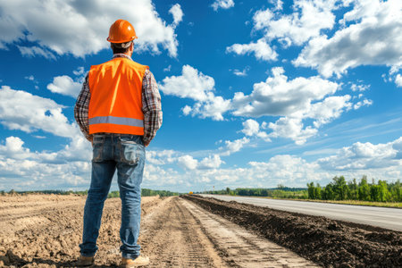 Construction worker looks over road development project beneath a bright blue sky filled with clouds, representing progress and labor.の素材