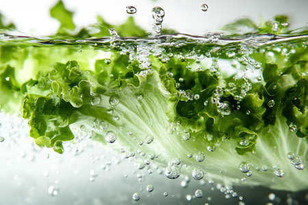 Fresh green lettuce leaves slowly descending into water with bubbles and splashes, highlighting their delicacy and freshness.の素材