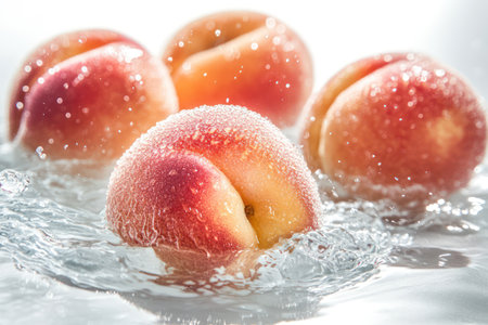 Juicy peaches with fuzzy skin drop into clear water, sending soft splashes in all directions on bright white background.の素材