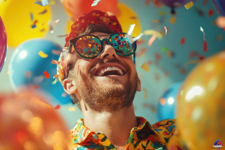Happy man wearing a colorful party hat, surrounded by balloons and confetti in a joyful indoor celebration setting.の素材
