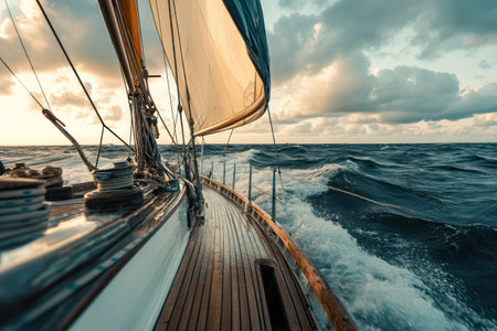 Perspective from sailing yacht deck looking forward as boat glides through ocean, capturing motion, wind, and marine adventure.の素材