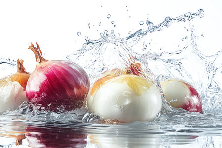 High-speed photo of red and white onions creating dramatic splash and ripples in water, on a bright white background with hyperreal detail.の素材