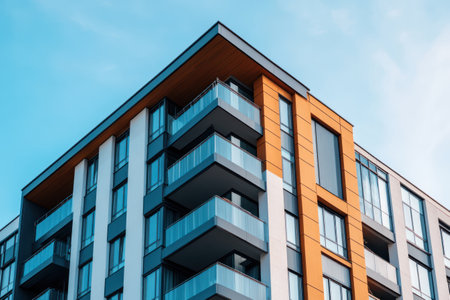 Contemporary high-rise residential building with a sleek glass facade and clean geometric lines reflecting urban lifestyle and design.の素材