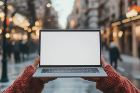 Confident woman in casual clothing presenting blank white laptop screen on urban street, ideal for mockups or online learning visuals.の素材