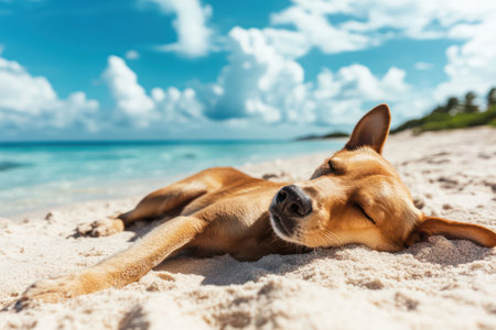Dog lounging on a beach under warm sun, embodying summer relaxation and carefree vacation vibes in a seaside setting.の素材