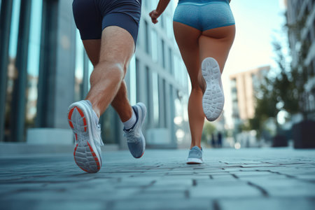 Close-up action photo of a young couple jogging mid-stride in athletic gear, showcasing modern fitness lifestyle in a city.の素材