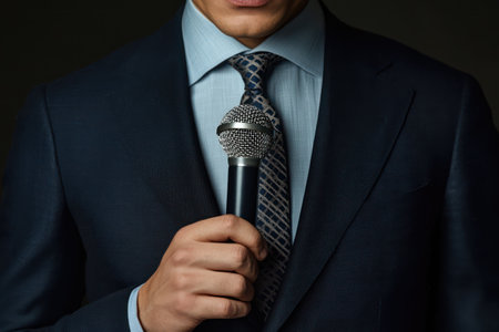 Cropped portrait of a male TV presenter in a suit and tie holding a microphone, captured during a professional broadcast or event.の素材