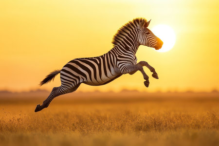 A dramatic moment of a zebra mid-jump on a sunlit savanna, showcasing wildlife energy and beauty under vivid sky.の素材