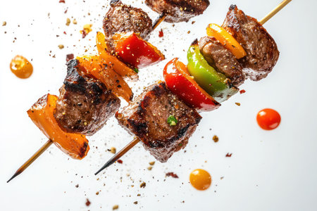 High-speed photo of grilled skewers mid-air with sizzling meat, bell peppers, smoke, and rich textures against a white background.の素材