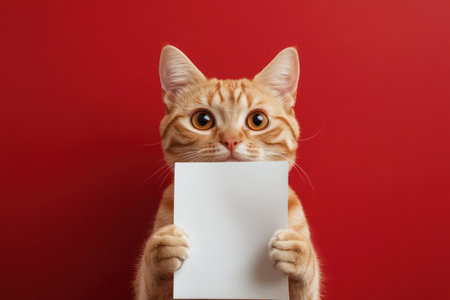 Adorable cat sitting upright and holding a blank paper, isolated on a solid color backdrop in a quirky portrait style.の素材