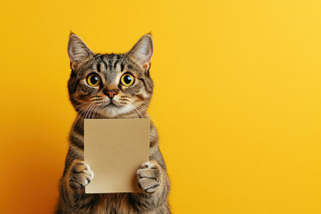 Adorable cat sitting upright and holding a blank paper, isolated on a solid color backdrop in a quirky portrait style.の素材