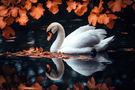 Graceful white swan gliding on reflective lake surrounded by fall foliage in dark serene setting, evoking peace and beauty.の素材