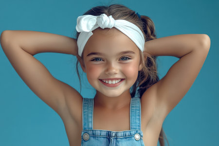 Joyful young girl shows strength and confidence by flexing her arms on a blue background, full of positive energy and fun.の素材