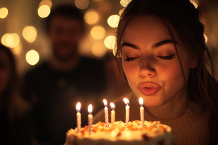 Cinematic moment of a woman making a birthday wish, surrounded by warm light, friends, and flickering candle glow.の素材