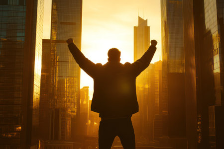 Triumphant man stands with fists raised against golden-lit skyline, capturing success and motivation in dynamic urban setting.の素材