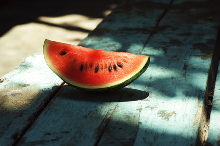 Bright red watermelon sits sliced on wooden surface, black seeds and green rind contrast in summer-lit natural setting.の素材