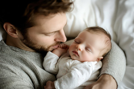 Loving dad cuddles peacefully with baby on soft bed, gentle light and skin detail highlight intimacy and restfulness.の素材