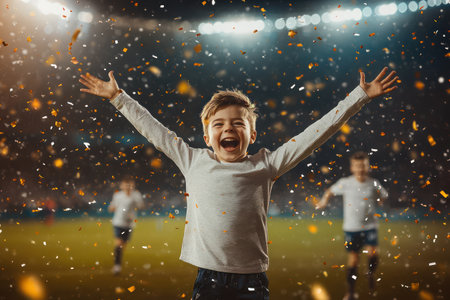 Excited child raises arms in victory after scoring a goal, confetti in the air, stadium lights highlight celebration and emotion.の素材