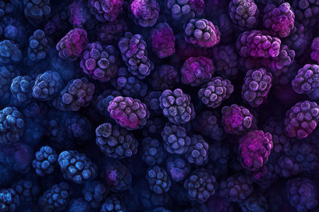 Ultra-detailed close-up of whole blackberries covered in frost, creating a textured and cinematic icy fruit surface.の素材