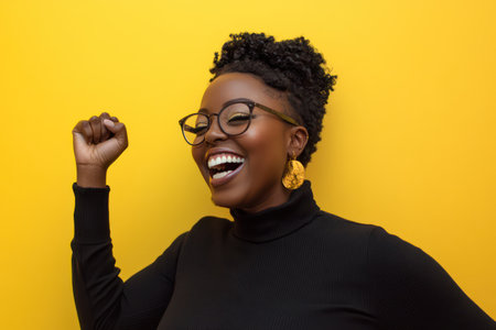 Joyful Black woman pumping fist in celebration on yellow background, expressing happiness for promotion, success, or lottery win.の素材
