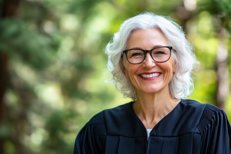 Elderly woman proudly smiles in outdoor portrait after completing her education, symbolizing empowerment, resilience, and lifelong determination.の素材