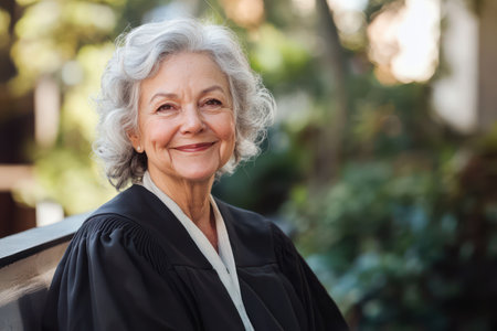 Elderly woman proudly smiles in outdoor portrait after completing her education, symbolizing empowerment, resilience, and lifelong determination.の素材