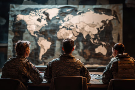 Group of uniformed personnel discusses strategy in front of a global map, emphasizing teamwork, global defense, and tactical planning.の素材