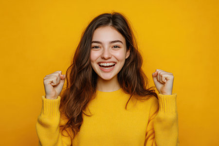 Joyful woman celebrates financial success or good news with a raised fist against a vibrant yellow studio background.の素材