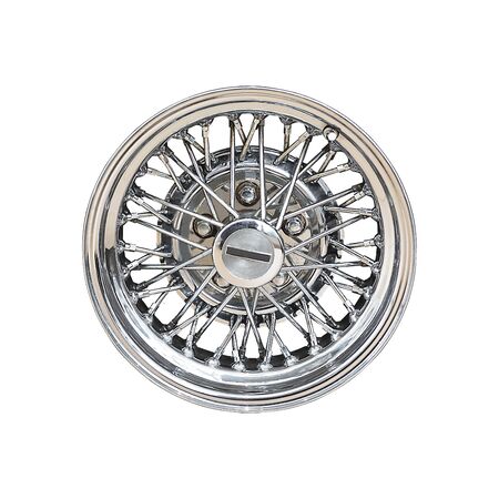 Vintage car wheel with steel chromed spokes isolated on white background.