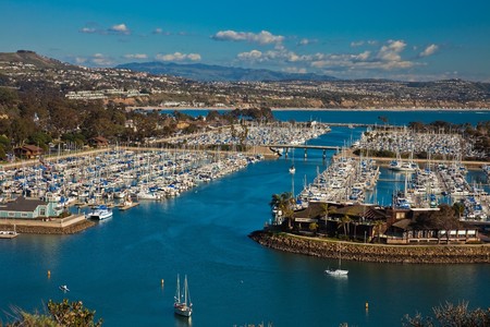 Aerial view of boats docked in Dana Point Harbor, southern Orange County, California. の写真素材