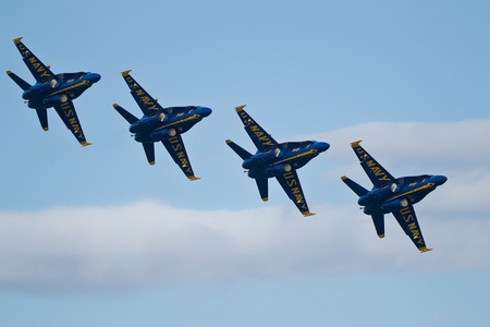SAN FRANCISCO, CA - OCTOBER 6: US Navy Demonstration Squadron Blue Angels, flying on Boeing F/A-18...