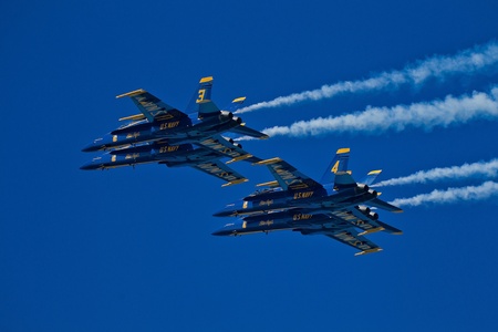 SAN FRANCISCO, CA - OCTOBER 7: US Navy Demonstration Squadron Blue Angels, flying on Boeing F/A-18...