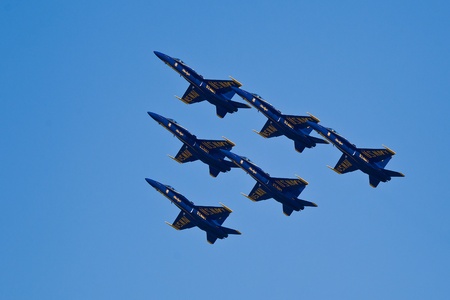 SAN FRANCISCO, CA - OCTOBER 8: US Navy Demonstration Squadron Blue Angels, flying on Boeing F/A-18 Hornet showing precision of flying and the highest level of pilot skills during Fleet Week on October 8, 2011 in San Francisco, CA. のeditorial素材