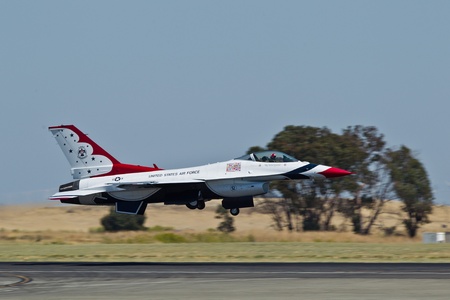 TRAVIS AIR FORCE BASE, CA - JULY 30: US Air Force Thunderbirds Demonstration Squadron, flying on...