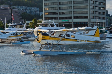 SEATTLE, WA - AUG 29: Kenmore Air 1967 Dehavilland DHC-2 MK. I aircraft taxi at Lake Union Terminal,...