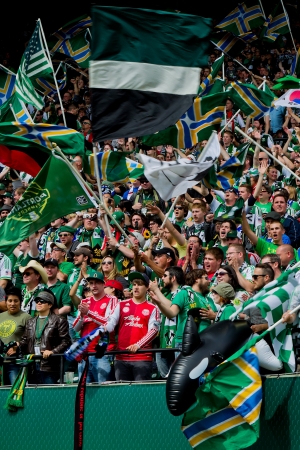 PORTLAND, OR - JUNE 24: Timbers Army shows support of the Portland Timbers team during Seattle Sounders vs. Portland Timbers game, on June 24, 2012 at Jeld-Wen Field in Portland, OR.のeditorial素材