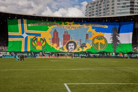 PORTLAND, OR - JUNE 24: The Timbers Army unveils a 16,000 sq ft banner during Seattle Sounders vs. Portland Timbers game, on June 24, 2012 at Jeld-Wen Field in Portland, OR.のeditorial素材